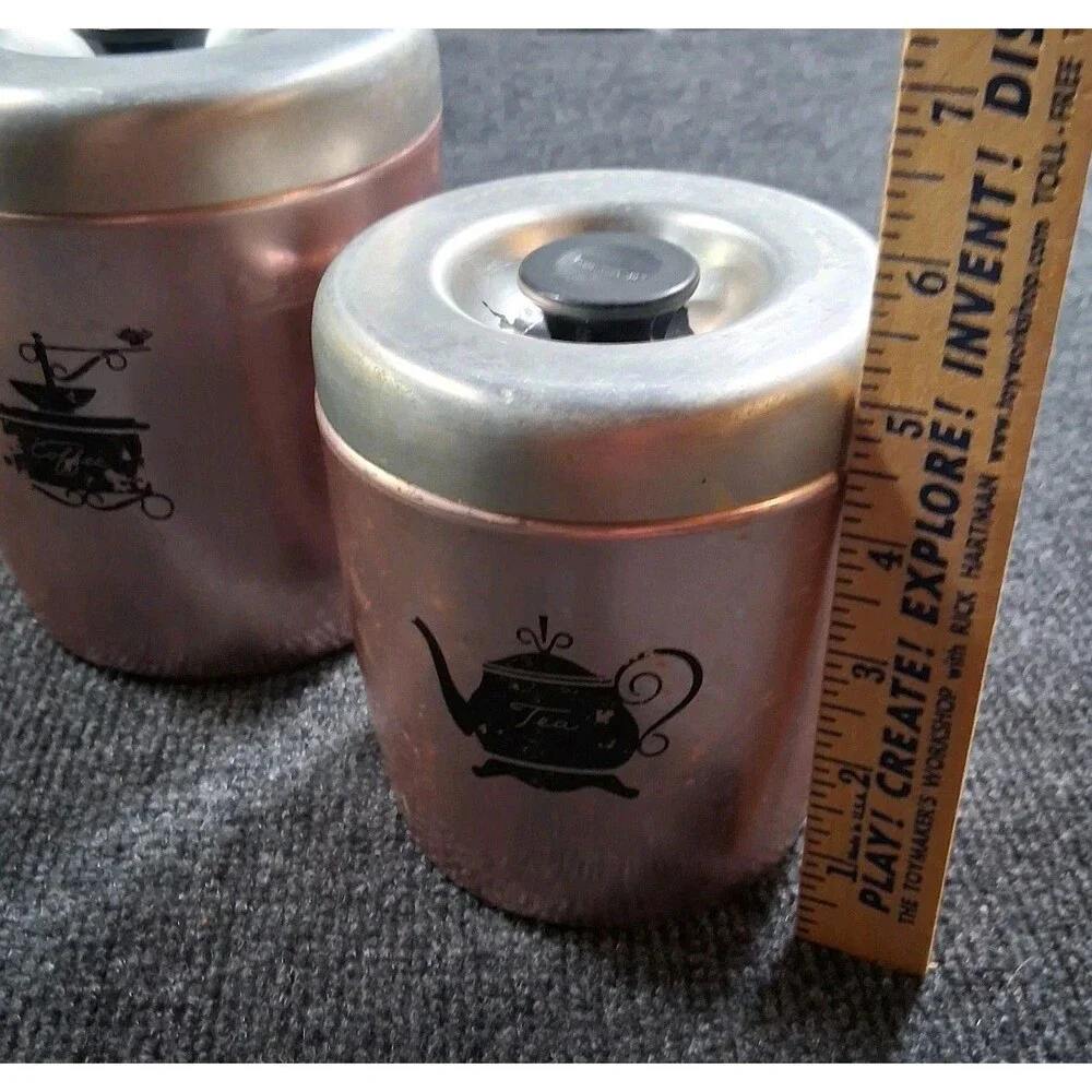Vintage West Bend Copper Rose Gold Tea Coffee Kitchen Canisters w Silver Lid